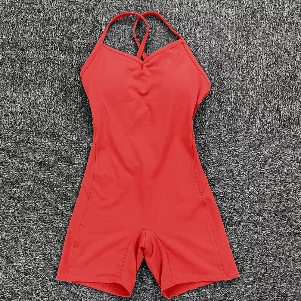 Backless Sports Woman 2023 Lycra Fitness Overalls One Piece Jumpsuit Shorts Sport Outfit Gym Workout Clothes for Women Sportwear